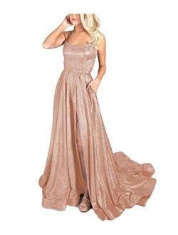 Women's Halter Sparkly Glitter Prom Dresses Long Backless Evening Formal Gowns with Train