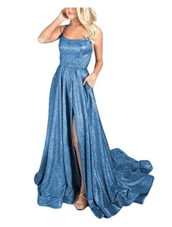 Women's Halter Sparkly Glitter Prom Dresses Long Backless Evening Formal Gowns with Train