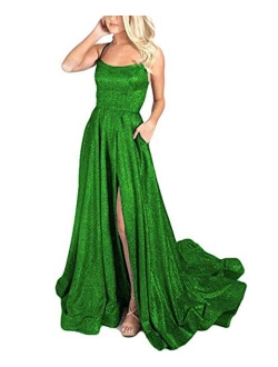 Women's Halter Sparkly Glitter Prom Dresses Long Backless Evening Formal Gowns with Train