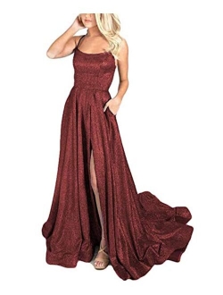 Women's Halter Sparkly Glitter Prom Dresses Long Backless Evening Formal Gowns with Train