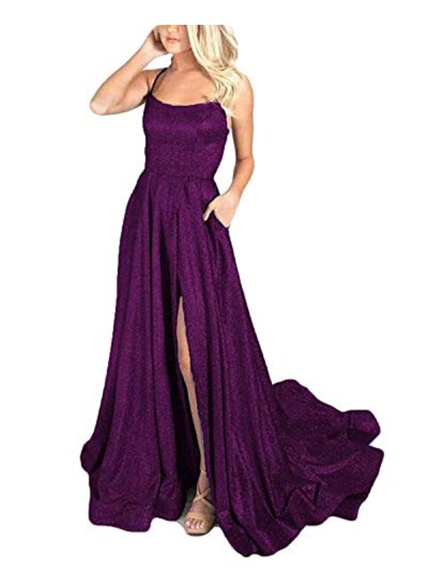 Gricharim Women's Halter Sparkly Glitter Prom Dresses Long Backless Evening Formal Gowns with Train