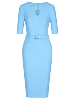 Women's Audrey Hepburn 1960s Half Sleeve Belt Formal Work Dress