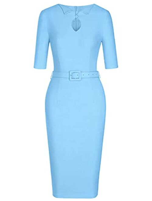 MUXXN Women's Audrey Hepburn 1960s Half Sleeve Belt Formal Work Dress