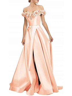 Women's 3D Flowers Off Shoulder Satin Prom Dresses Long Slit Evening Formal Gowns