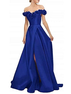 Women's 3D Flowers Off Shoulder Satin Prom Dresses Long Slit Evening Formal Gowns