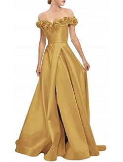 Women's 3D Flowers Off Shoulder Satin Prom Dresses Long Slit Evening Formal Gowns