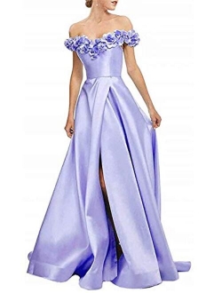 Women's 3D Flowers Off Shoulder Satin Prom Dresses Long Slit Evening Formal Gowns