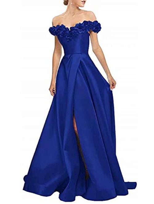 Gricharim Women's 3D Flowers Off Shoulder Satin Prom Dresses Long Slit Evening Formal Gowns