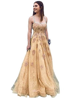 Women's Halter Lace Applique Prom Dresses Tulle Long Evening Formal Gowns