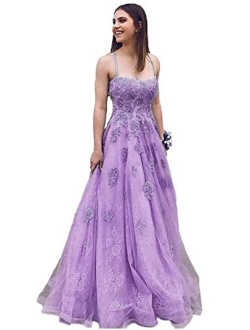 Women's Halter Lace Applique Prom Dresses Tulle Long Evening Formal Gowns