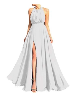 Women's Chiffon Bridesmaid Dresses Halter Backless A Line Wedding Guest Dress Prom Evening Gowns