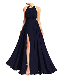 Women's Chiffon Bridesmaid Dresses Halter Backless A Line Wedding Guest Dress Prom Evening Gowns