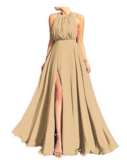 Women's Chiffon Bridesmaid Dresses Halter Backless A Line Wedding Guest Dress Prom Evening Gowns