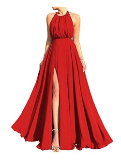 Women's Chiffon Bridesmaid Dresses Halter Backless A Line Wedding Guest Dress Prom Evening Gowns