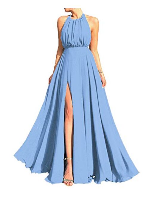 Gricharim Women's Chiffon Bridesmaid Dresses Halter Backless A Line Wedding Guest Dress Prom Evening Gowns