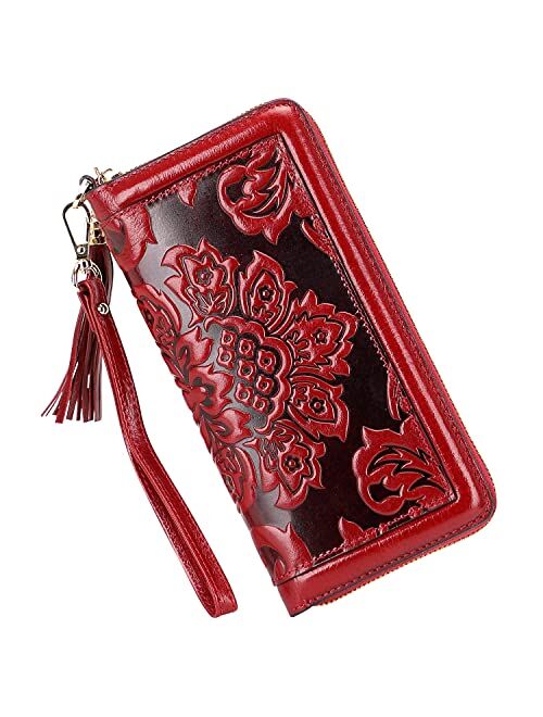 PIJUSHI Leather Wallets For Women Floral Wristlet Wallet Card Holder Purse