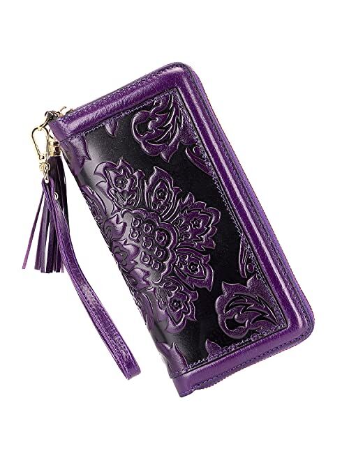 PIJUSHI Leather Wallets For Women Floral Wristlet Wallet Card Holder Purse