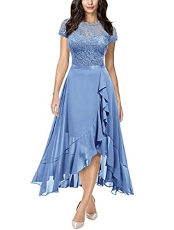 Women's Retro Lace Contrast Chiffon Ruffle Evening Maxi Dress