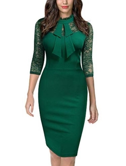 Women's Retro Bow Neck Design Contrast Lace Party Dress