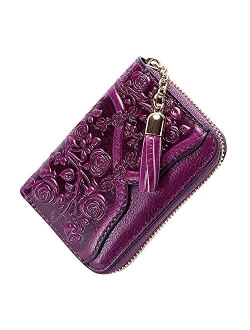 Genuine Leather Credit Card Holder for Women Designer Floral Card Case Wallet with Tassel