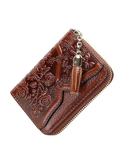 Genuine Leather Credit Card Holder for Women Designer Floral Card Case Wallet with Tassel