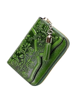 Genuine Leather Credit Card Holder for Women Designer Floral Card Case Wallet with Tassel