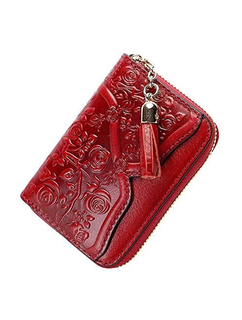 PIJUSHI Genuine Leather Credit Card Holder for Women Designer Floral Card Case Wallet with Tassel