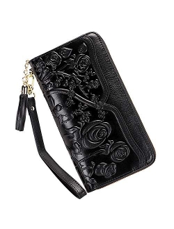 Genuine Leather Wallets for Women Floral Wristlet Wallet Ladies Clutch Purses with Tassel (12009 Black)