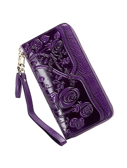 Genuine Leather Wallets for Women Floral Wristlet Wallet Ladies Clutch Purses with Tassel (12009 Black)