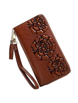 Genuine Leather Wallets for Women Floral Wristlet Wallet Ladies Clutch Purses with Tassel (12009 Black)