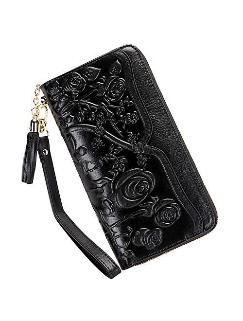 PIJUSHI Genuine Leather Wallets for Women Floral Wristlet Wallet Ladies Clutch Purses with Tassel (12009 Black)