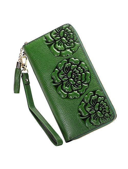 PIJUSHI Genuine Leather Wallets for Women Floral Wristlet Wallet Ladies Clutch Purses with Tassel (12009 Black)