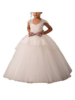 Elegant Lace Appliques Cap Sleeves Tulle Flower Girl Dress 1-14 Years Old