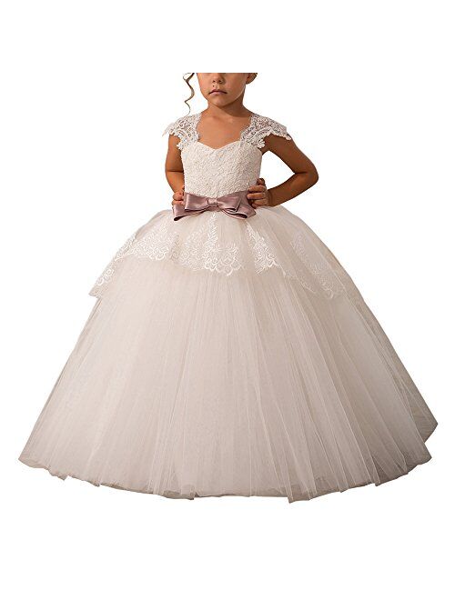 Abaowedding Elegant Lace Appliques Cap Sleeves Tulle Flower Girl Dress 1-14 Years Old