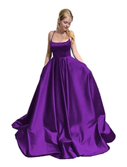 Sexy Halter Prom Dresses Long Ball Gown for Juniors Backless Formal Gowns with Pockets