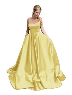 Sexy Halter Prom Dresses Long Ball Gown for Juniors Backless Formal Gowns with Pockets