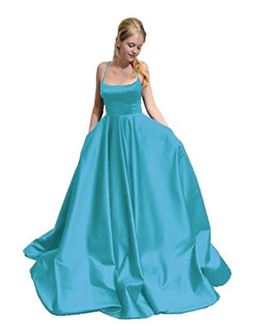 Gricharim Sexy Halter Prom Dresses Long Ball Gown for Juniors Backless Formal Gowns with Pockets