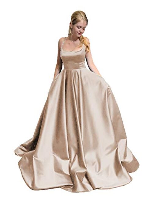 Gricharim Sexy Halter Prom Dresses Long Ball Gown for Juniors Backless Formal Gowns with Pockets