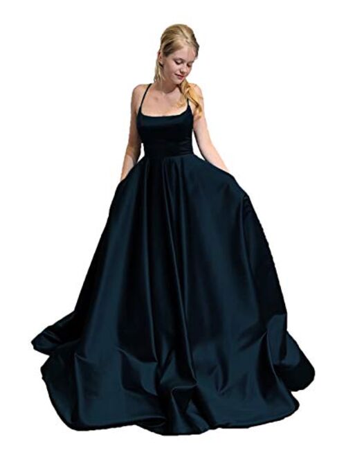 Gricharim Sexy Halter Prom Dresses Long Ball Gown for Juniors Backless Formal Gowns with Pockets