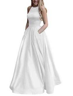 Women's Elegant Halter Satin Prom Dress Long A Line Open Back Evening Gowns with Pockets