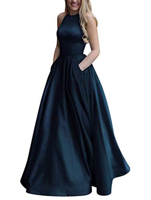 Gricharim Women's Elegant Halter Satin Prom Dress Long A Line Open Back Evening Gowns with Pockets