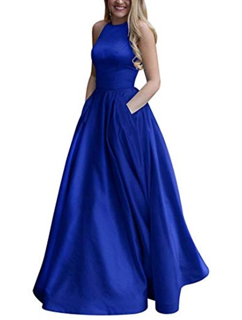 Gricharim Women's Elegant Halter Satin Prom Dress Long A Line Open Back Evening Gowns with Pockets