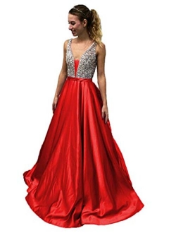 Women's V Neck Beaded Satin Prom Dress A Line Backless Evening Gowns