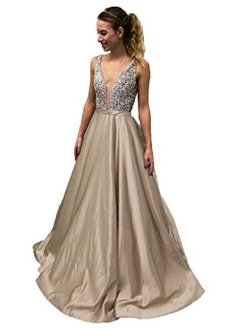 Women's V Neck Beaded Satin Prom Dress A Line Backless Evening Gowns