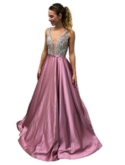 Women's V Neck Beaded Satin Prom Dress A Line Backless Evening Gowns