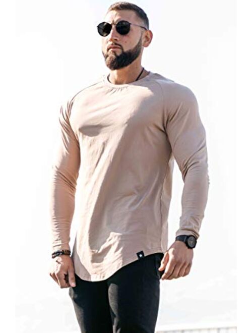 YoungLA Men’s Raglan Long Sleeve Crew Neck T-Shirt | Scooped Bottom | Casual Basic Active Sport Style | Slim Fitted | 410