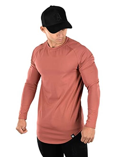 YoungLA Men’s Raglan Long Sleeve Crew Neck T-Shirt | Scooped Bottom | Casual Basic Active Sport Style | Slim Fitted | 410