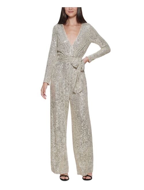 Eliza J Women Sexy Sequin Long Sleeve Shiny Tie waist Jumpsuit