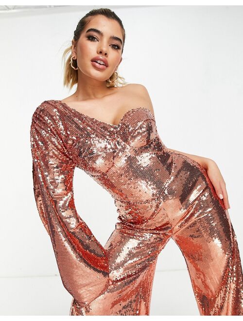 ASOS LUXE sequin jumpsuit with extreme sleeve and fringe hem in rose gold