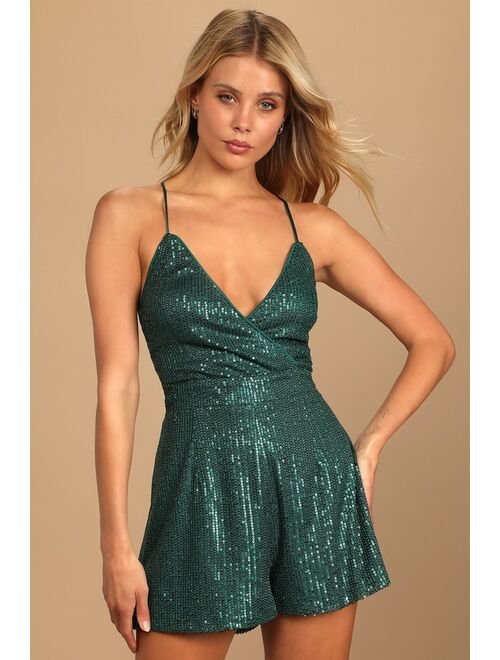 Lulus Mesmerizing Beauty Emerald Green Sequin Lace-Up Romper